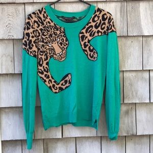 BCBGMaxAzria Cashmere Emerald Green Sweater with Leopard Design